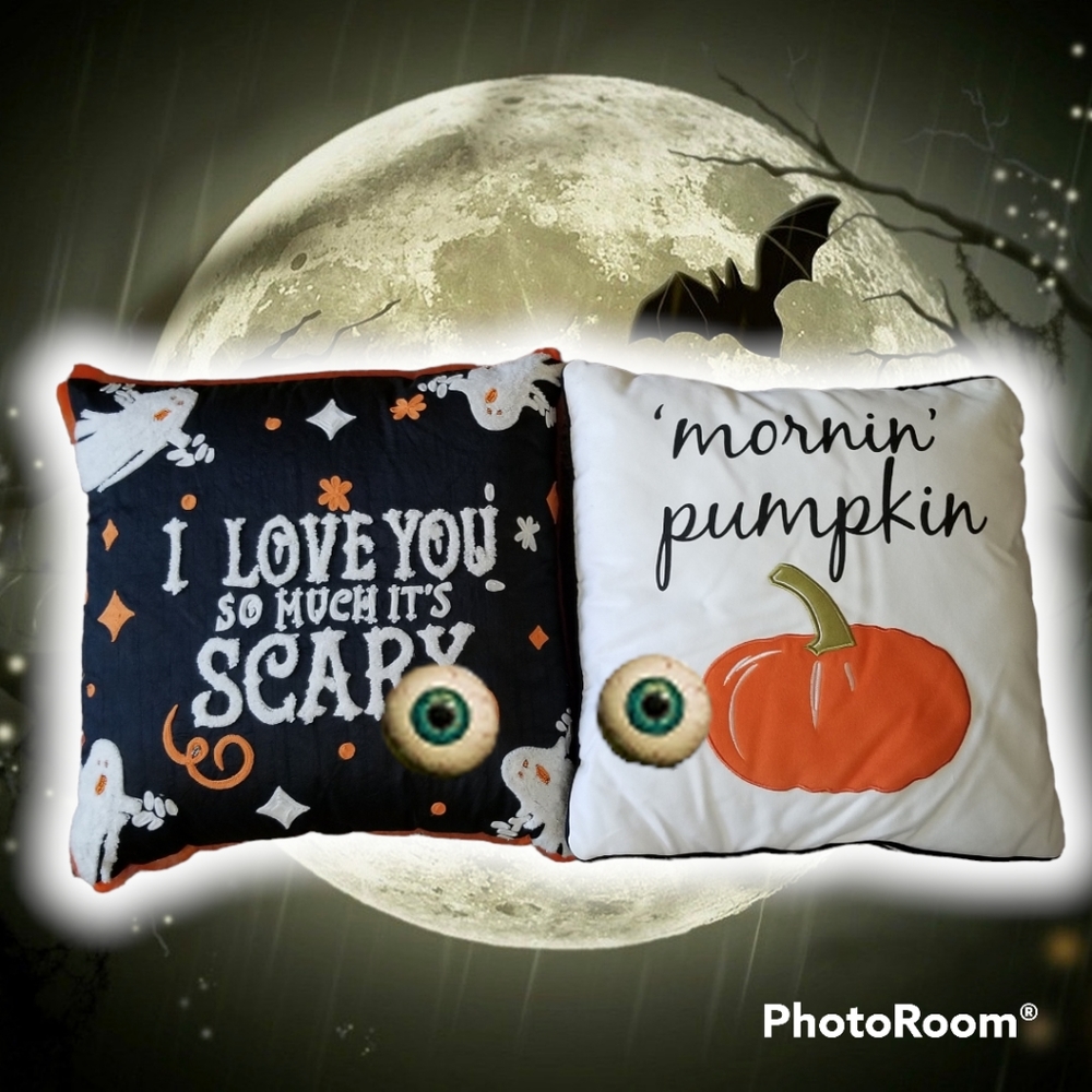 New 2 Appliquéd Chenille Pumpkin & Ghost Halloween Pillows W Zippers 17"